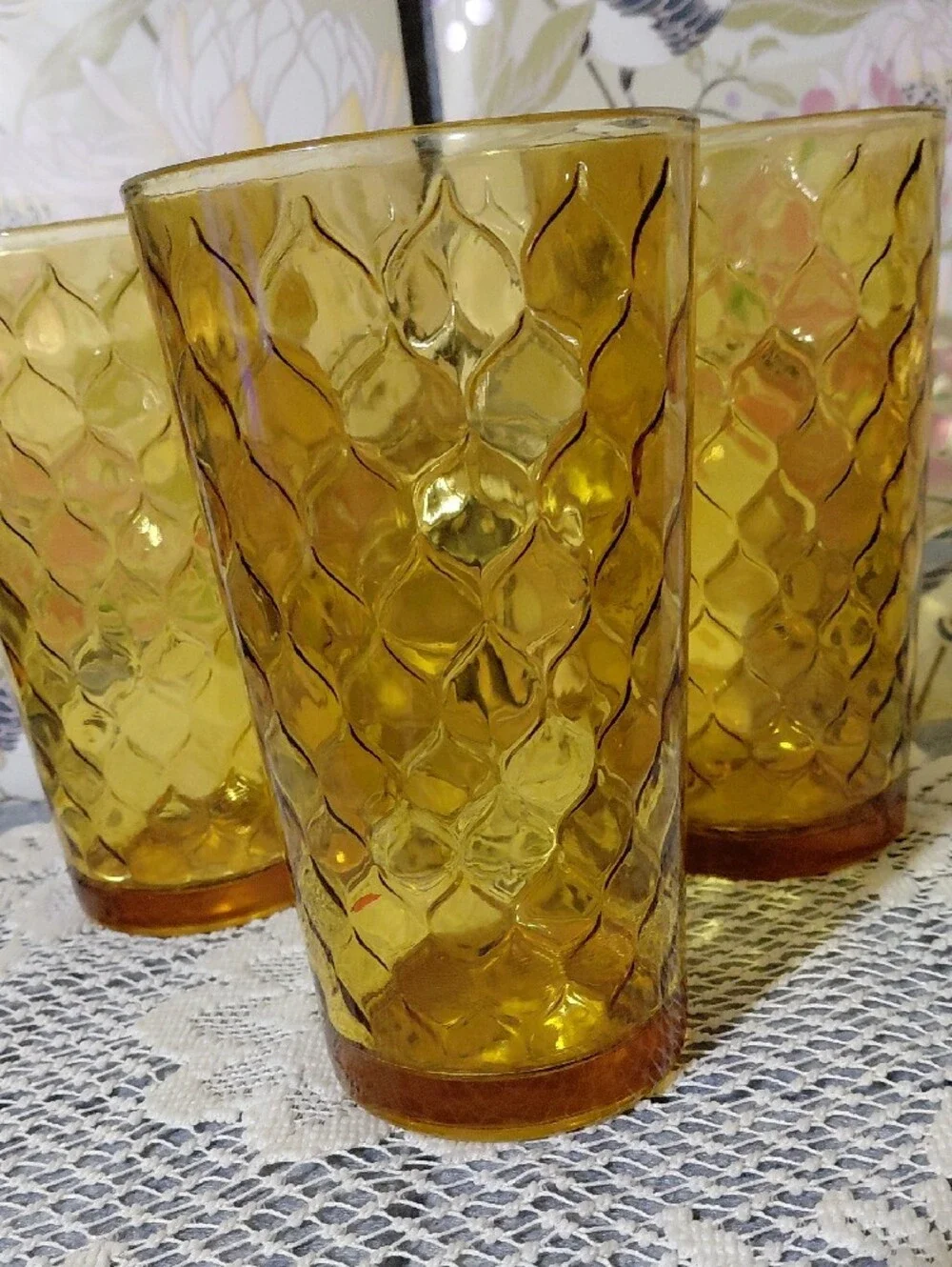 Amber Textured Glass Tumbler Set of 3 - Elegant Honey Amber Drinkware